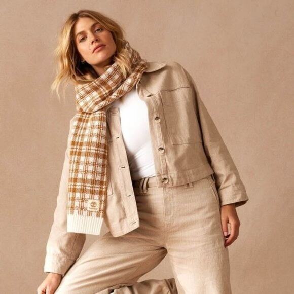 Timberland | Women's Plaid Wool Blend Scarf Brown & White | Layering Accessory - Picture 1 of 7